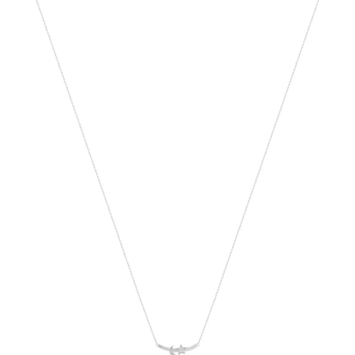 Collier or 375 blanc diamants, motif étoile et lune 45 cm