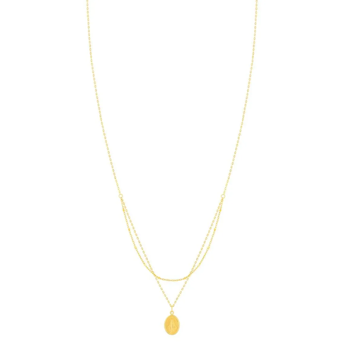 Collier or 375 jaune double rang médaille Vierge miraculeuse 42 cm