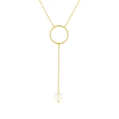 Collier or jaune 375, motif anneau, perle de culture de Chine. Longueur 40 cm.