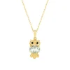 Collier or jaune 375, motif hibou, quartz vert, onyx.