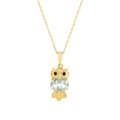 Collier or jaune 375, motif hibou, quartz vert, onyx.
