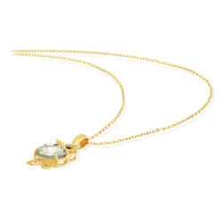 Collier or jaune 375, motif hibou, quartz vert, onyx.