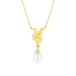 Collier or jaune 375, perle motir feuille. Longueur 45 cm.