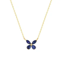 Collier or jaune 375, saphirs, motif papillon. Longueur 42 cm.