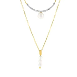 Collier or 375 2 tons double rang perles de culture de Chine et diamants 45 cm