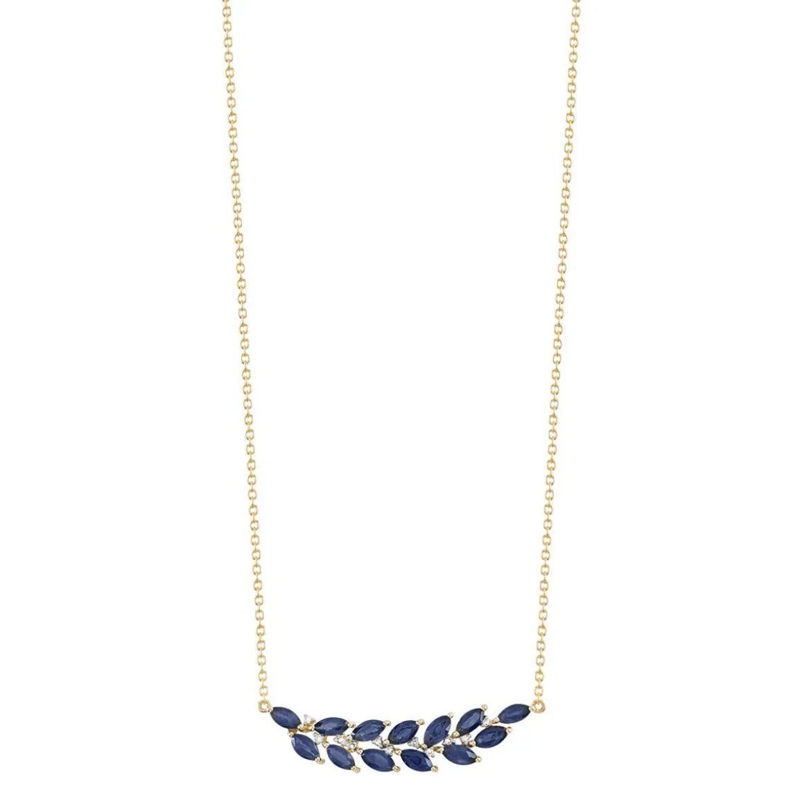 Collier or 375 2 tons feuille de laurier saphirs et diamants 45 cm