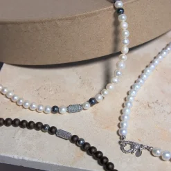 Collier perles obsidiennes noires et perles argent 48cm