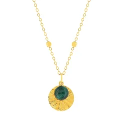 Collier plaqué or médaille ciselée et pampille malachite 48 cm