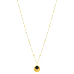 Collier plaqué or médaille strié et pampille en onyx 48 cm