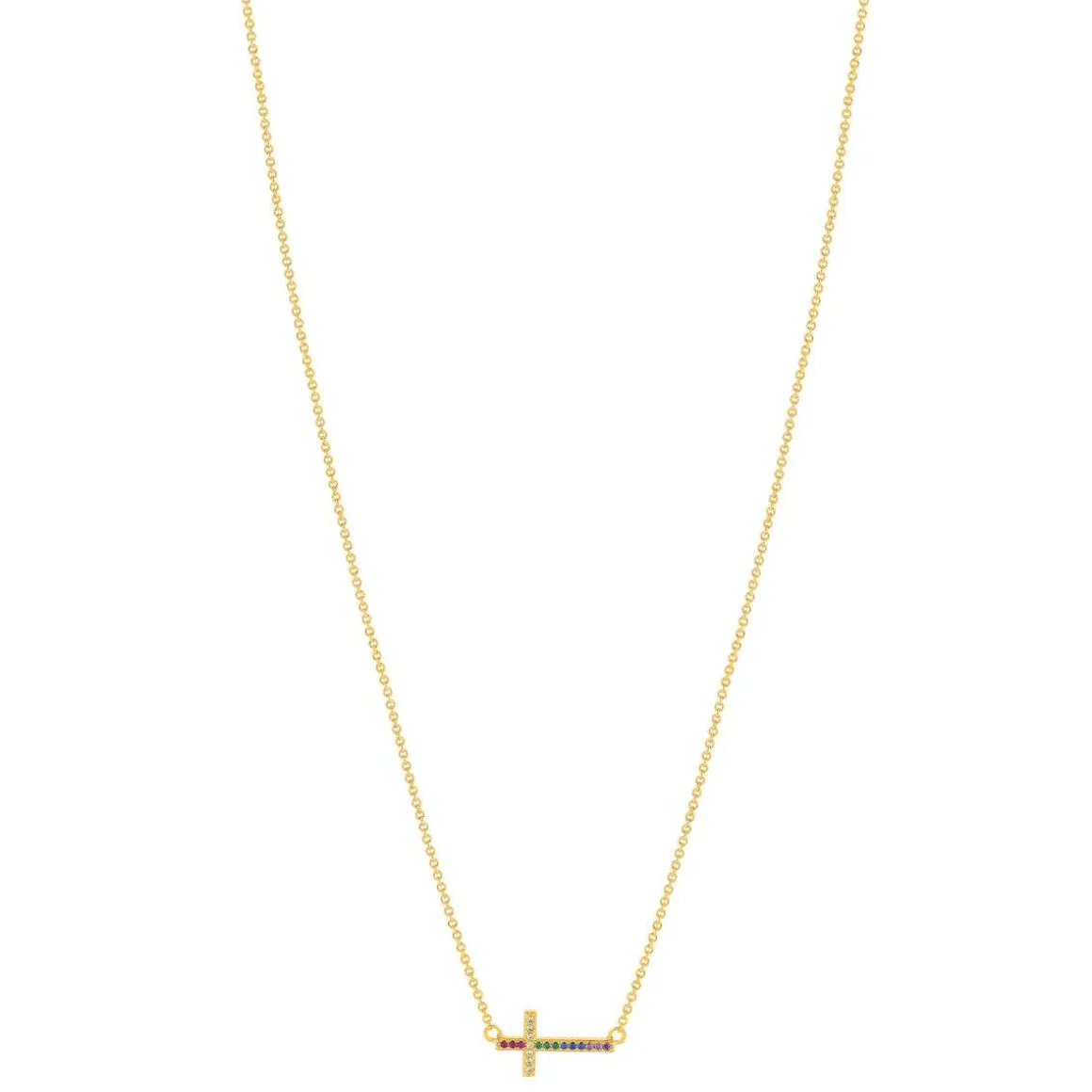 Collier plaqué or motif croix religieuse pierres synthétiques multicolores 45cm