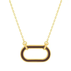 Collier plaqué or motif ovale laque marron 45cm