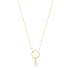 Collier plaqué or motif rond et perle de culture 45 cm