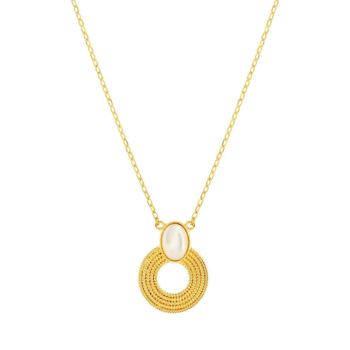 Collier plaqué or nacre motif anneau perlé 42 à 45 cm