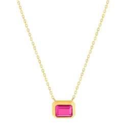 Collier plaqué or pierre synthétique rose 45cm