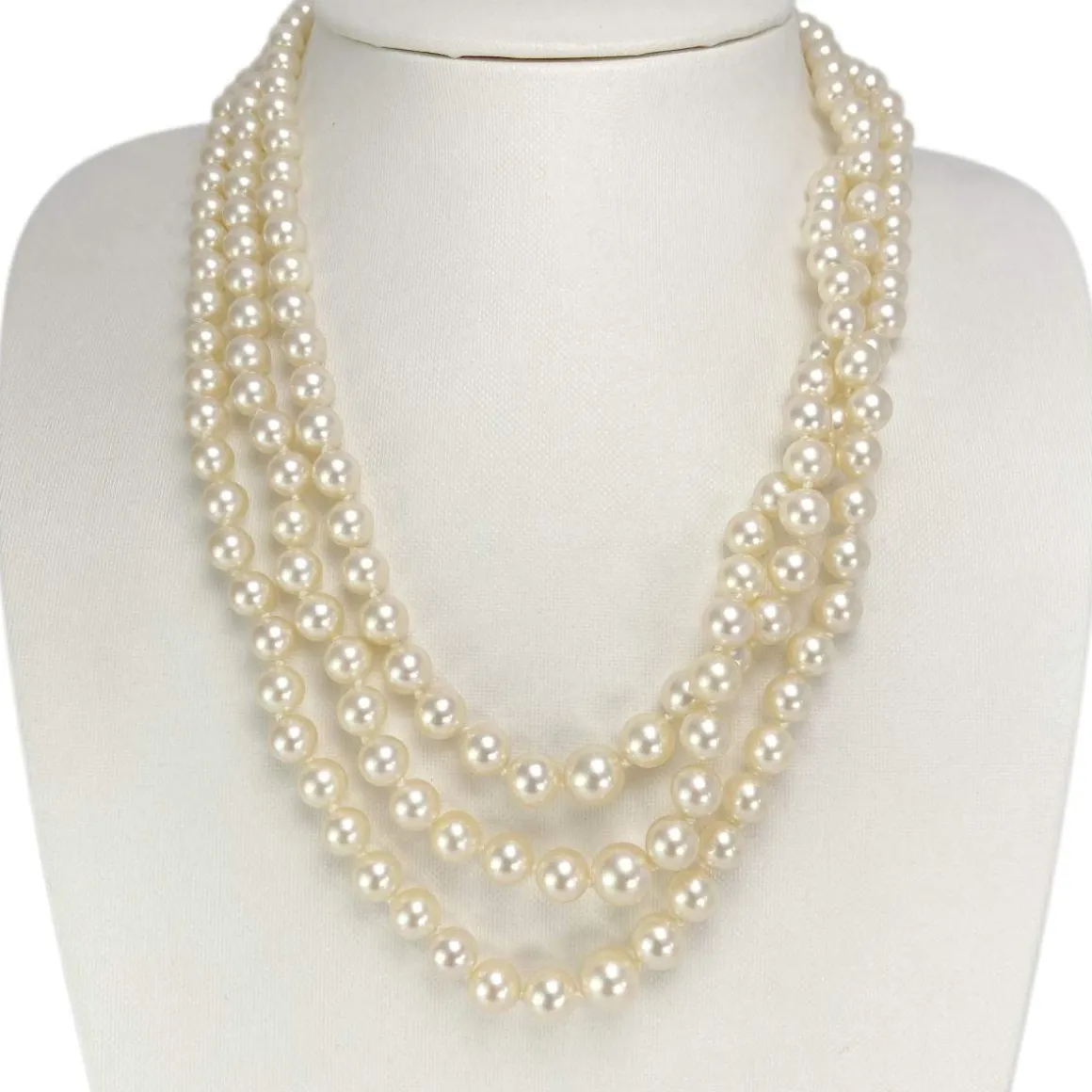Collier triple rang d'occasion or 750 blanc perles de culture du Japon 55 cm