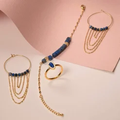 Créoles acier doré lapis lazuli