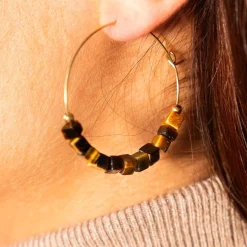 Créoles acier doré pierres oeil de tigre