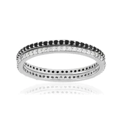 Duo bague alliance tour complet argent 925 zirconias noirs et blancs