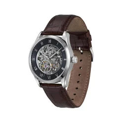 Montre BOSS business homme automatique, bracelet cuir marron