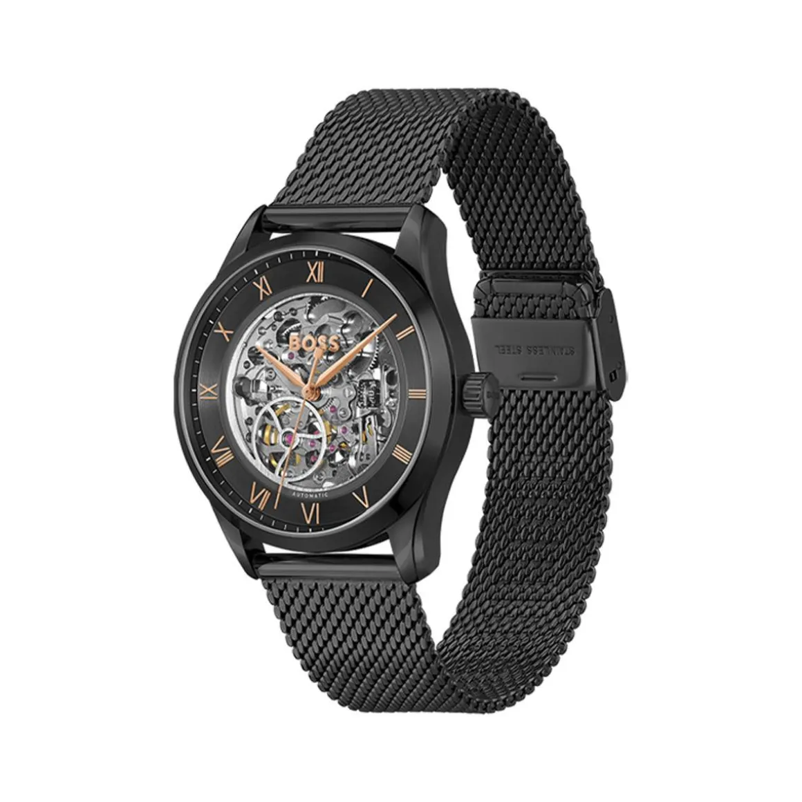 Montre BOSS Principle Skeleton homme noir bracelet milanais