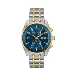 Montre BOSS Skytraveller homme cadran bleu bracelet acier doré et gris