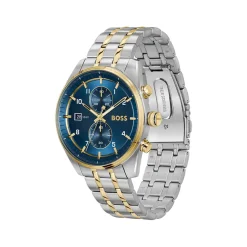 Montre BOSS Skytraveller homme cadran bleu bracelet acier doré et gris