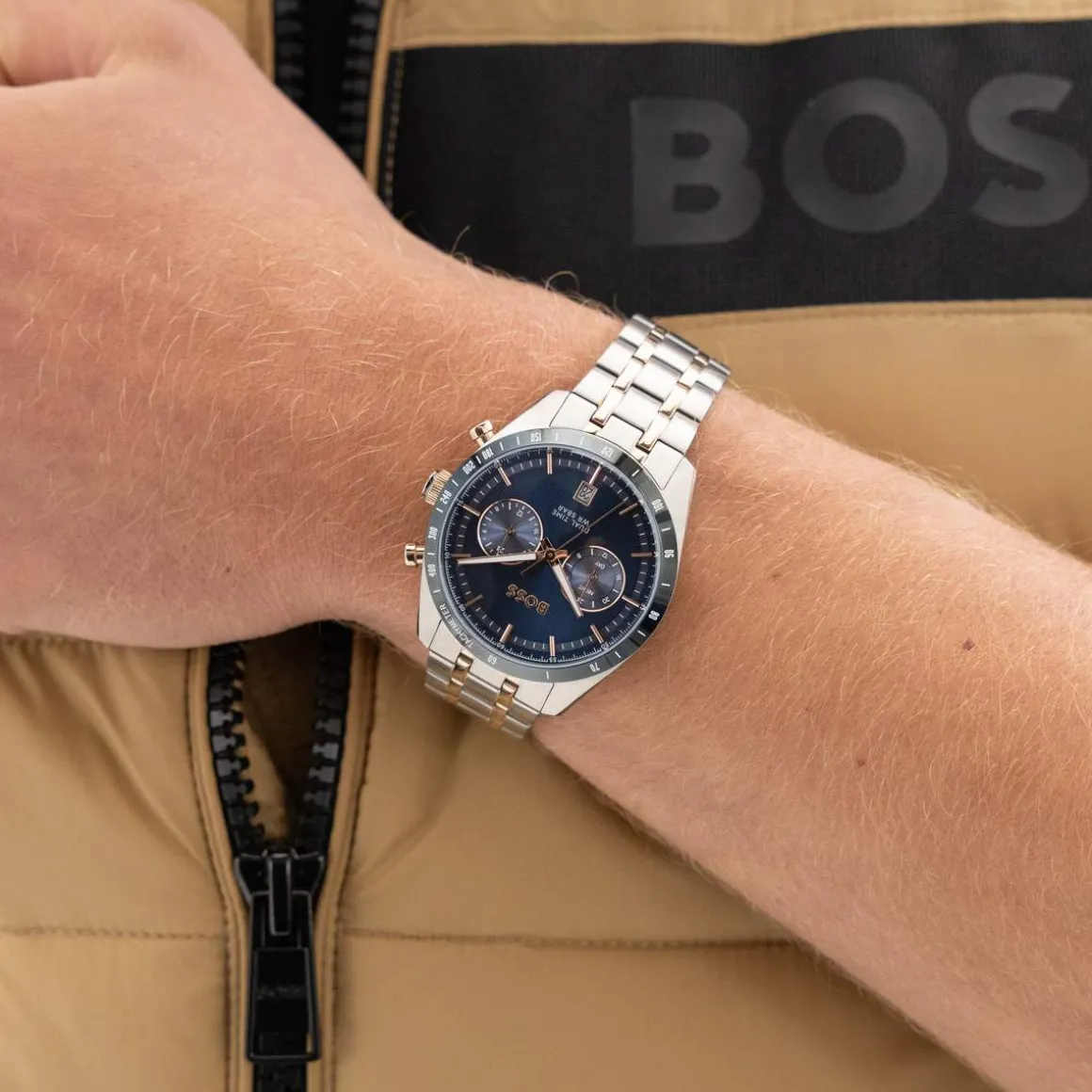 Montre BOSS sport lux homme bracelet acier inoxydable bicolore jaune