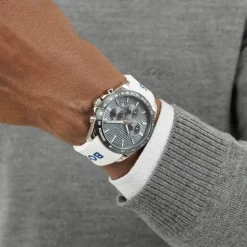Montre BOSS Strike Chrono homme cadran bleu bracelet silicone blanc