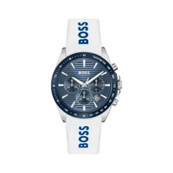 Montre BOSS Strike Chrono homme cadran bleu bracelet silicone blanc