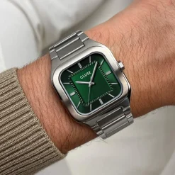 Montre CLUSE QUADRUS Homme cadran vert bracelet acier inoxydable gris clair