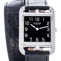 Montre d'occasion Hermès Cape Cod femme acier bracelet cuir noir