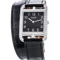 Montre d'occasion Hermès Cape Cod femme acier bracelet cuir noir
