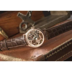 Montre EARNSHAW Bauer homme automatique acier doré rose bracelet cuir marron foncé