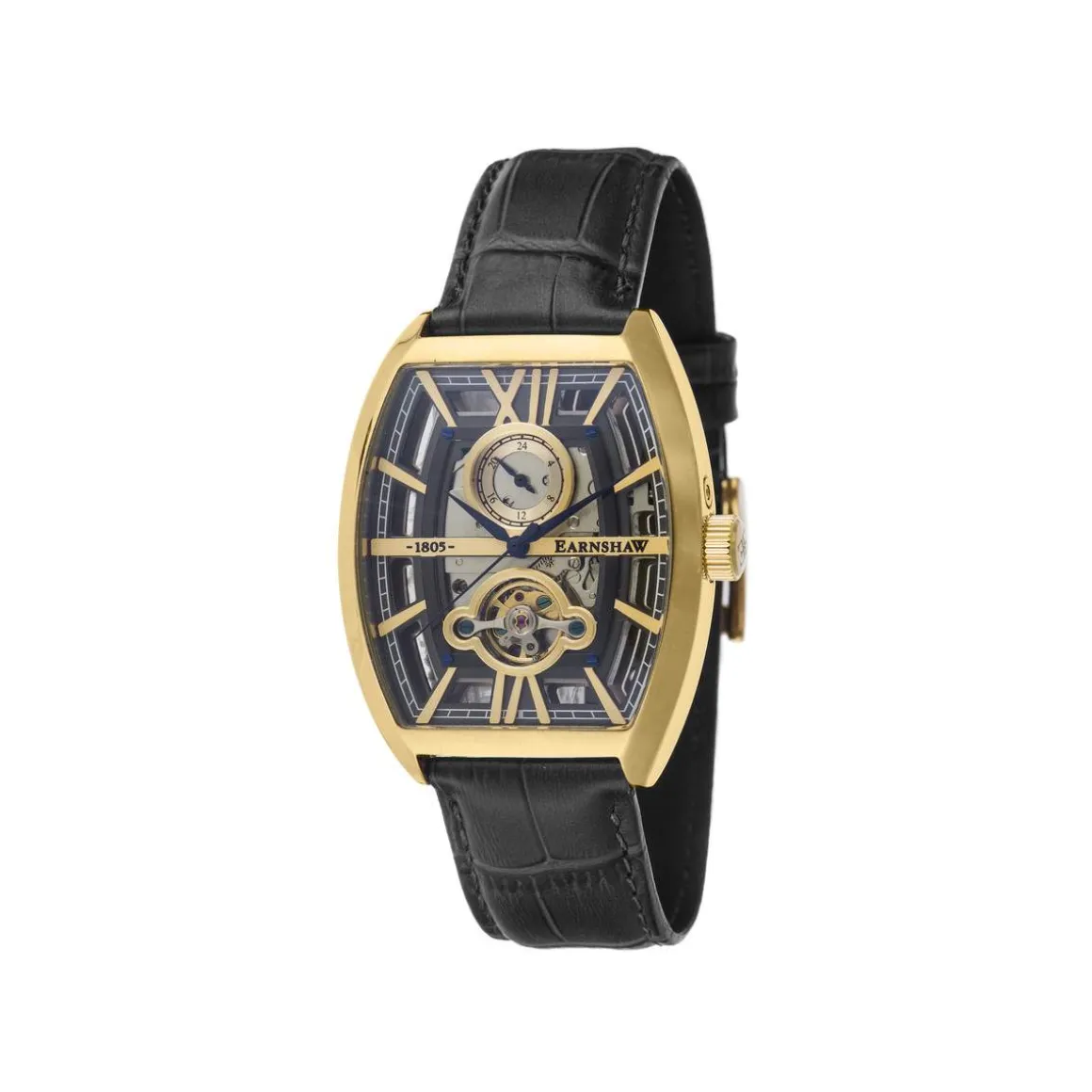 Montre EARNSHAW Holborn homme automatique, acier doré bracelet cuir marron