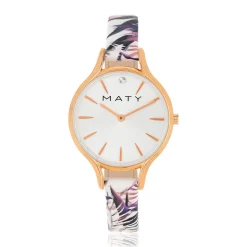 Montre femme dorée rose bracelet cuir fleurs tropicales