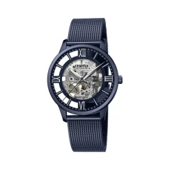 Montre Festina homme automatique acier  bleu cadran squelette bracelet acier bleu maille milanaise
