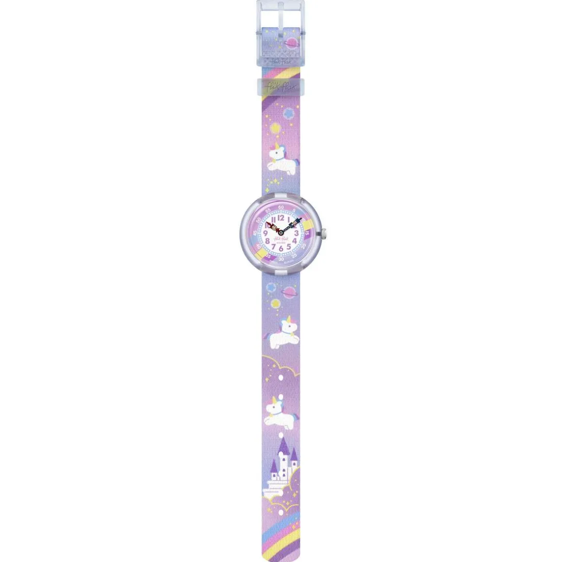 Montre Flik Flak Gameland Cuddly Unicorn enfant plastique biosourcé bracelet PET recyclé bleu