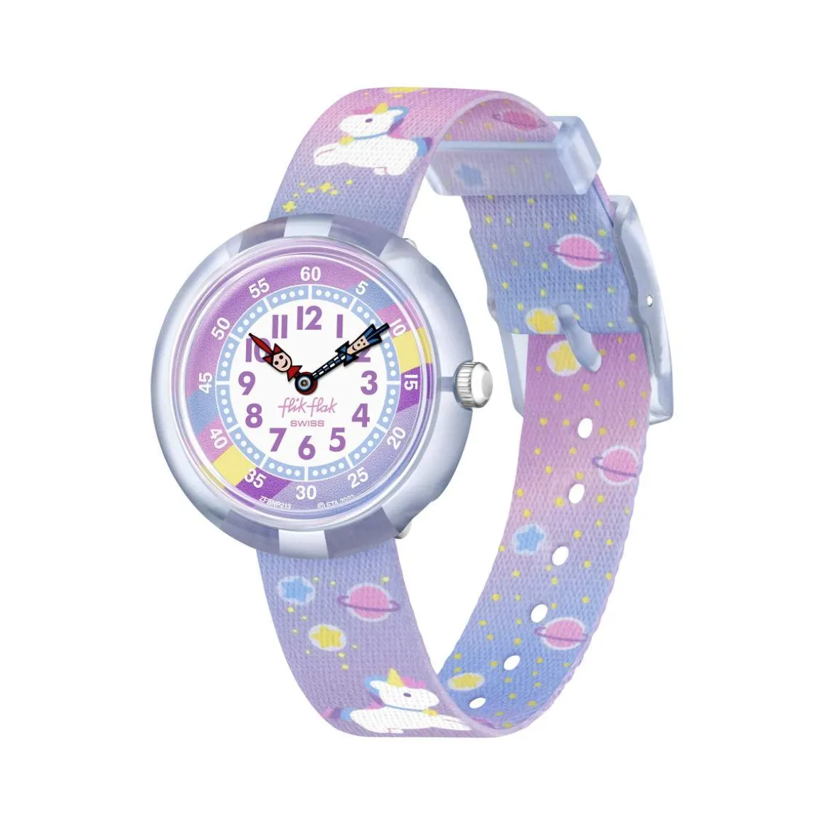 Montre Flik Flak Gameland Cuddly Unicorn enfant plastique biosourcé bracelet PET recyclé bleu