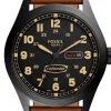 Montre FOSSIL Defender homme solaire acier noir bracelet cuir marron