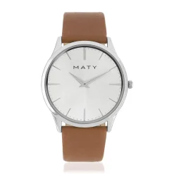 Montre homme chromée bracelet cuir marron