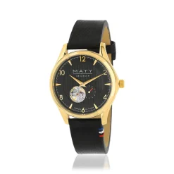 Montre homme coeur ouvert automatique acier doré bracelet cuir noir