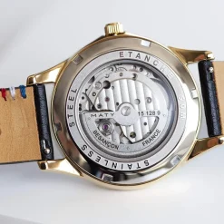 Montre homme coeur ouvert automatique acier doré bracelet cuir noir
