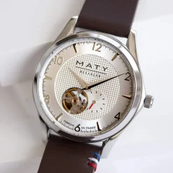 Montre homme coeur ouvert automatique acier bracelet cuir marron