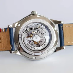 Montre homme squelette automatique acier bracelet cuir bleu