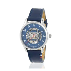Montre homme squelette automatique acier bracelet cuir bleu