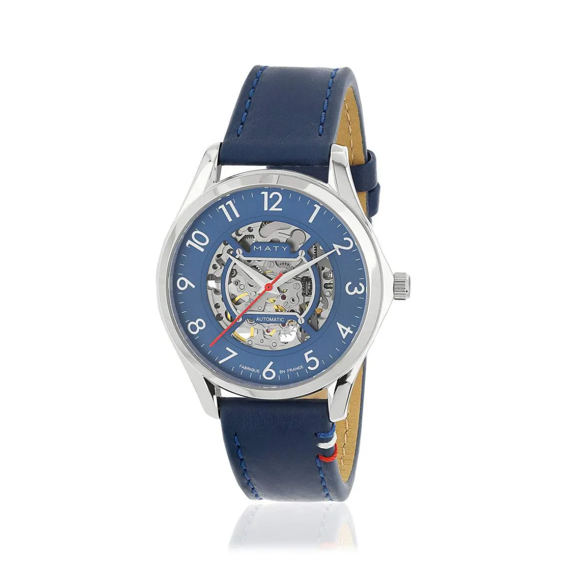 Montre homme squelette automatique acier bracelet cuir bleu