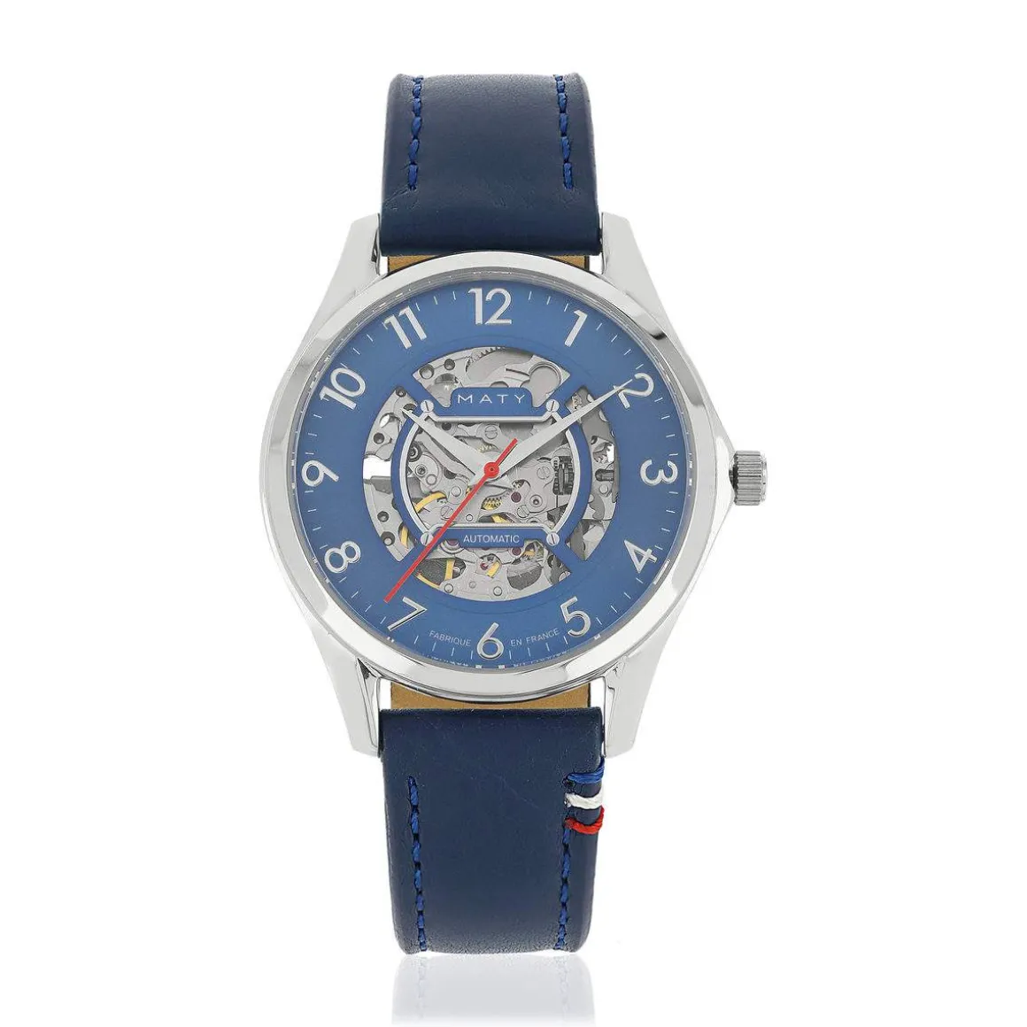 Montre homme squelette automatique acier bracelet cuir bleu
