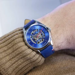 Montre homme squelette automatique acier bracelet cuir bleu