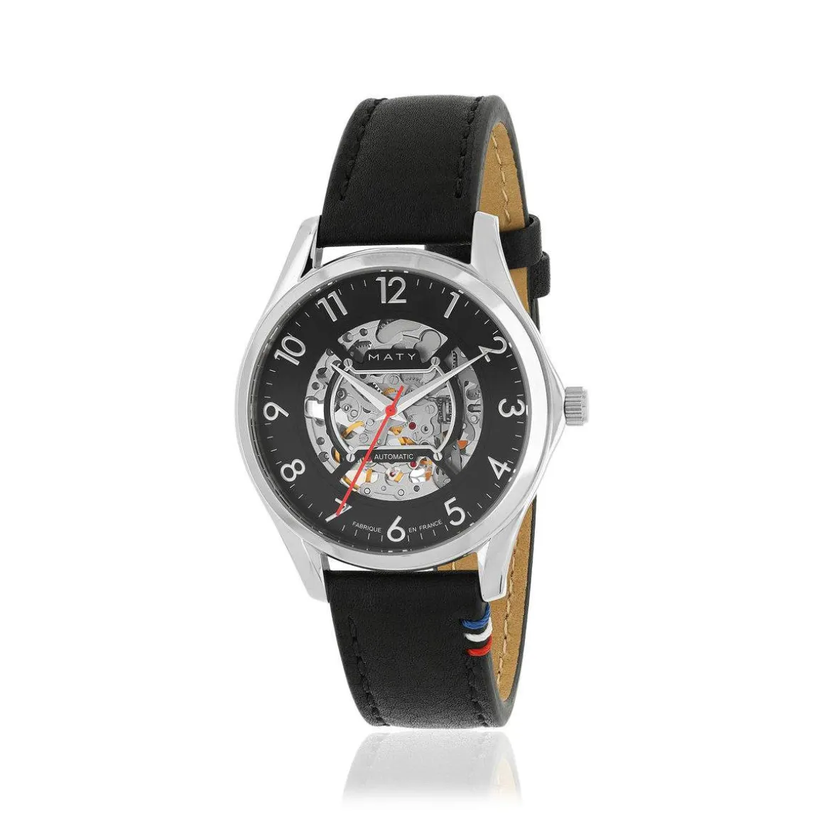 Montre homme squelette automatique acier bracelet cuir noir