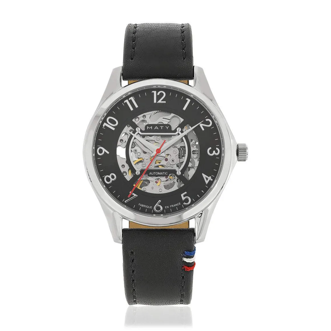 Montre homme squelette automatique acier bracelet cuir noir
